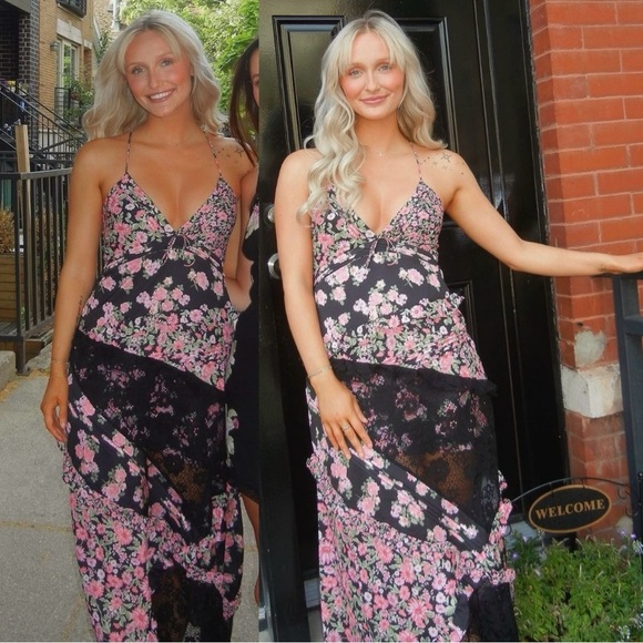 For Love & Lemons Rosalyn Pink Floral Ruffled Bohemian Formal V Neck Maxi Dress - Picture 5 of 15